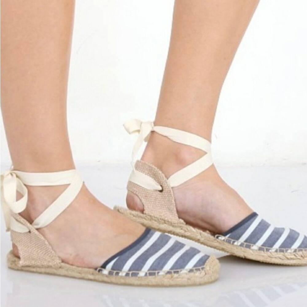 Soludos Women's Lauren Blue White Canvas Ankle Tie Espadrilles Size 5